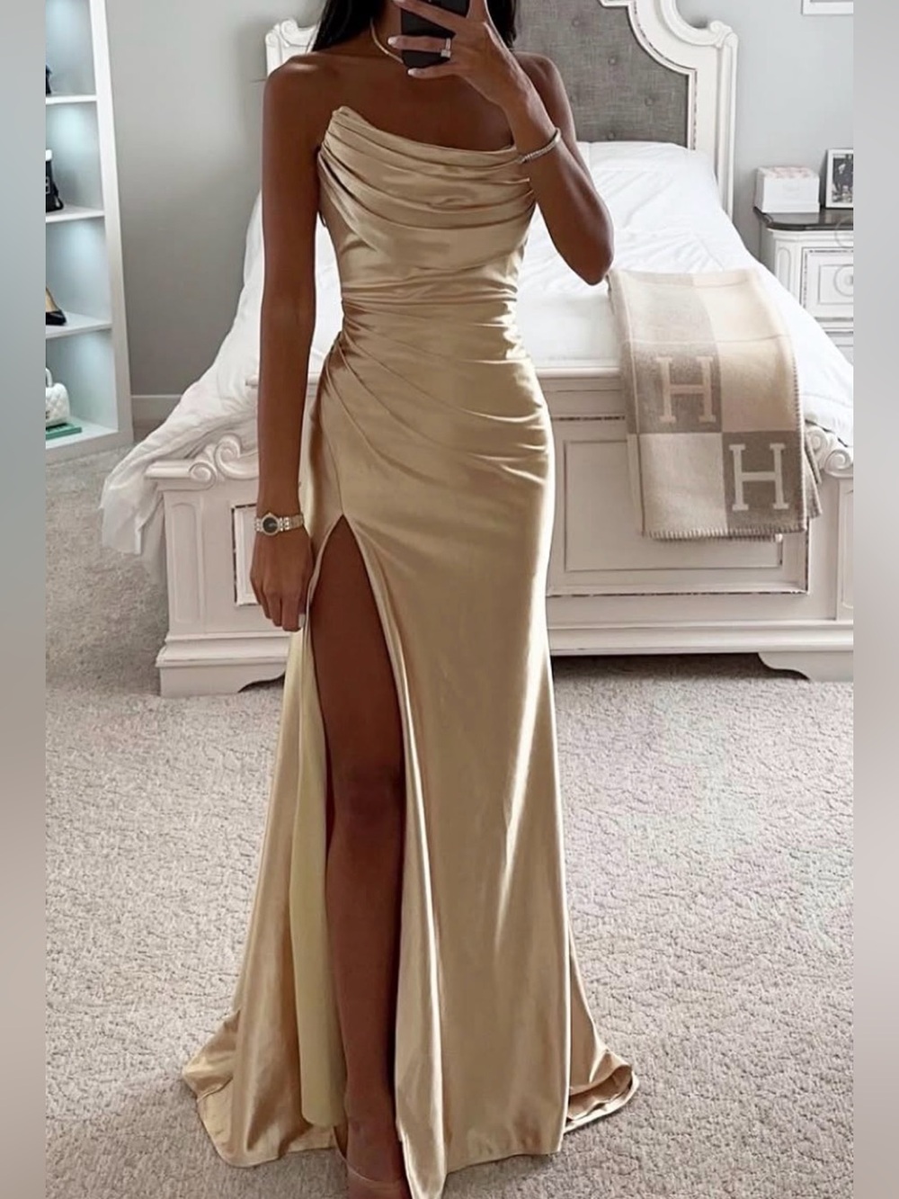Glamorous Strapless Gold Evening Gown